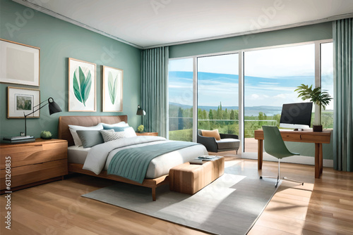 Modern bedroom with mountain and field views outside the window.