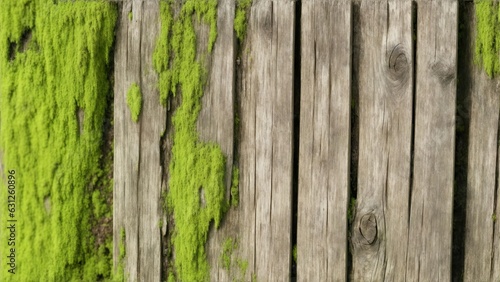 wood fence partly overgrown with moss. background picture of an old wood wall. generative ai.