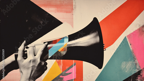 collage of woman shouting with megaphone. colorful and creative concept. generative ai