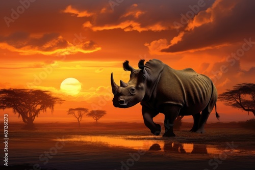 rhinoceros on the background of the sunset. ai generative © InfiniteStudio