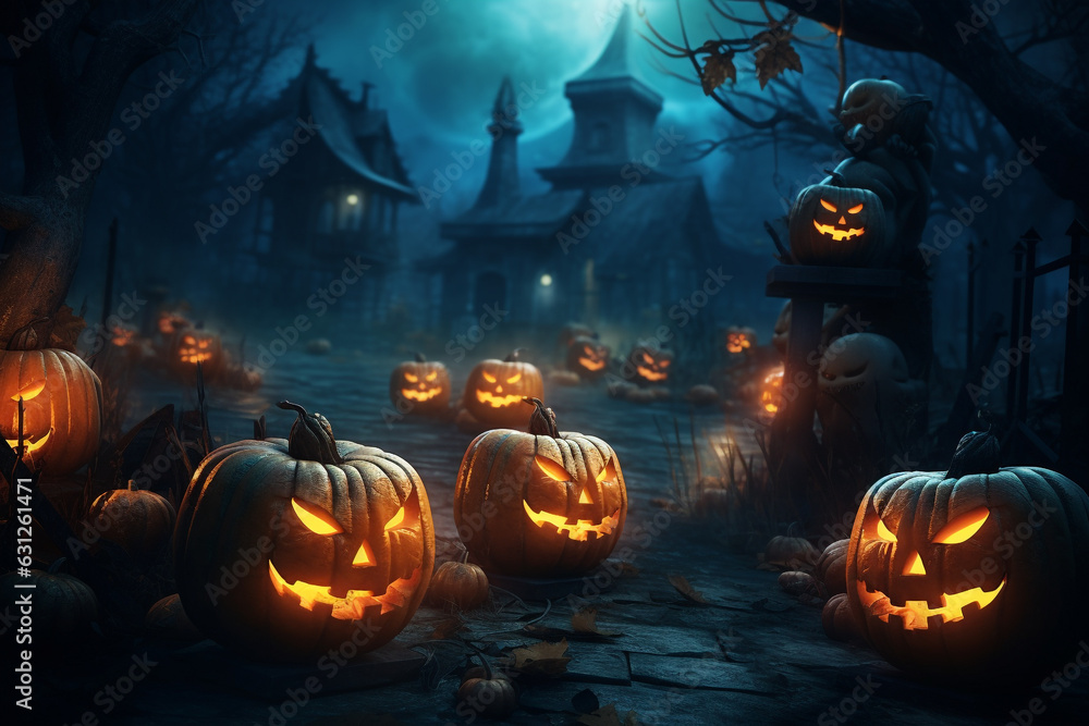 Abstract Halloween background with pumpkins. Generative Scary looking Halloween pumpkins, jack o lantern. Holiday and festive colorful background with copy space. Generative AI Abstract Halloween background with pumpkins. Generative Scary looking Halloween pumpkins, jack o lantern. Holiday and festive colorful background with copy space. Generative AI