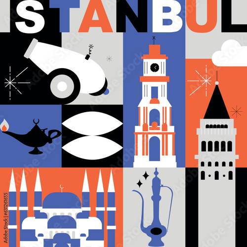 Typography word "Istanbul" branding technology concept. Collection of flat vector web icons, culture travel set, famous architectures, specialties detailed silhouette. Turkish famous landmark.