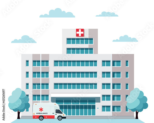 Medical hospital building exterior with city landscape and ambulance car. Vector illustration.