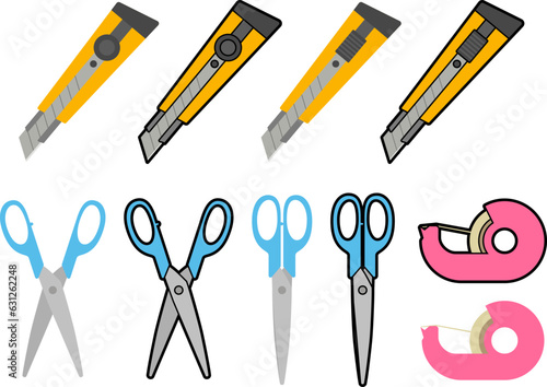 カッターとハサミとセロハンテープのイラスト（cutter, scissors, tape,）