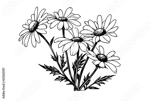 Hand drawn chamomile ink sketch. Daisy bouquet engraving vector illustration.