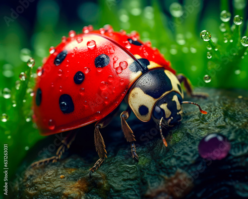 A Cute and Colorful Ladybug: A Detailed Close-up Shot of a Red and Black Insect on a Green and Purple Plant AI Generative
 photo