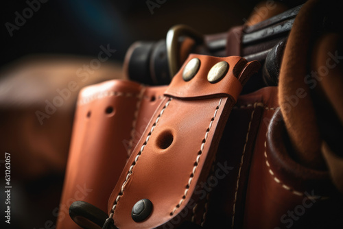 Image of a Leather Belt on a Carpenter's Tool Belt in close-up.