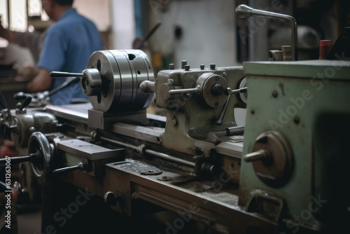 A close-up of a lathe machine in a workshop with a background of workers occupied at their desks is shown.