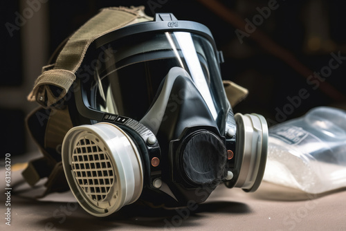 A close-up of a respirator mask with replaceable filters highlights the importance of respiratory protection in hazardous work environments. photo