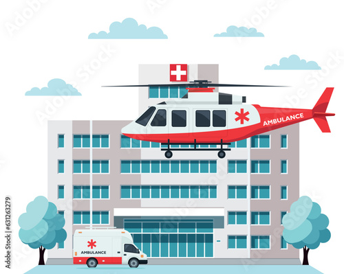 Medical concept with hospital building in flat style. hospital building, ambulance car and helicopter isolated on white. City hospital building with ambulance and helicopter in flat design. vector.