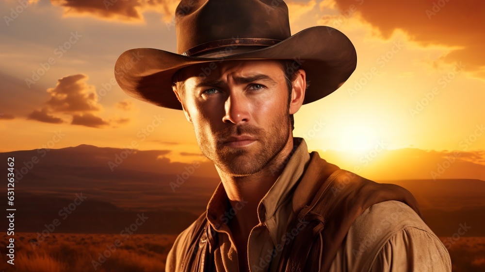 Cowboy on the prairie in hot weather. Sunbeams and a horse in a clearing, a handsome man of 35 years old poses for the camera. Wild West theme. Generative AI
