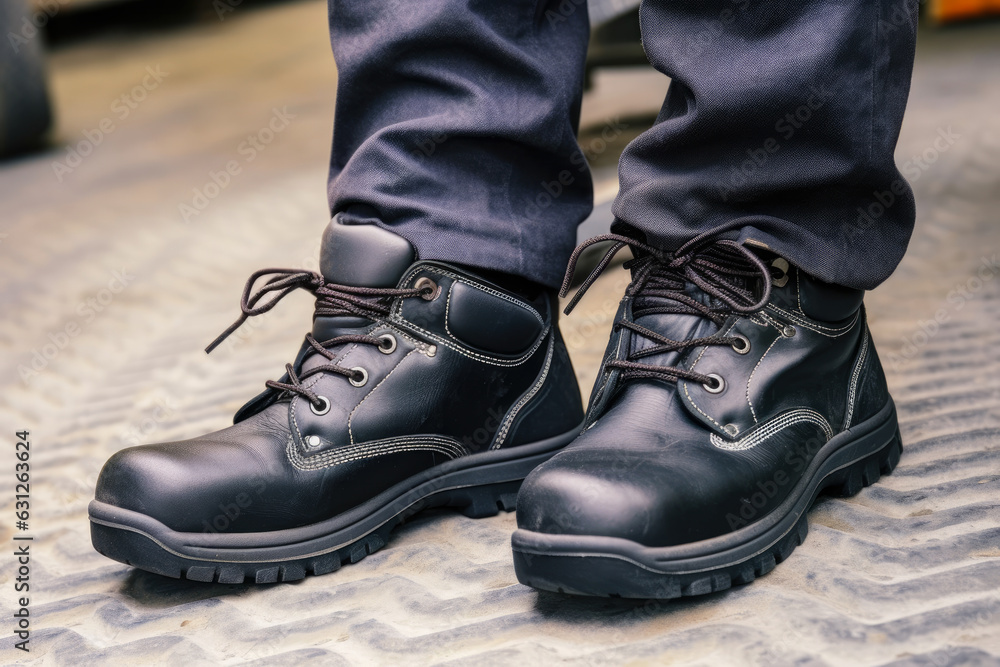 A sturdy pair of steel-toed boots with a slip-resistant sole and padded ankle support for the utmost in safety and comfort in industrial settings are shown up close.