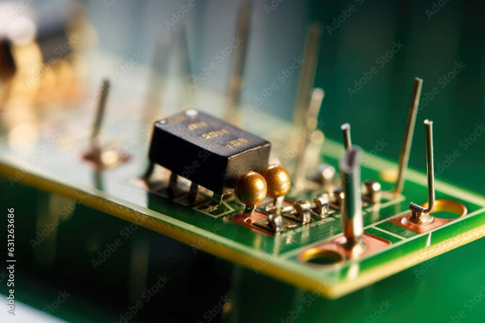 a close-up of a transistor mounted on a circuit board with electricity flowing through its contacts. a close-up of a transistor mounted on a circuit board with electricity flowing through its contacts.