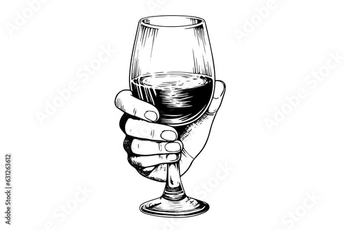 Wine glass in hand drawn ink sketch engraving style vector illustration.