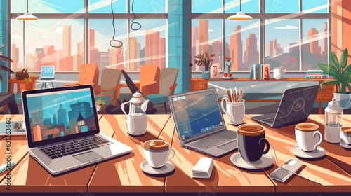 A shared workspace with laptops, notebooks, and coffee cups. AI generated photo