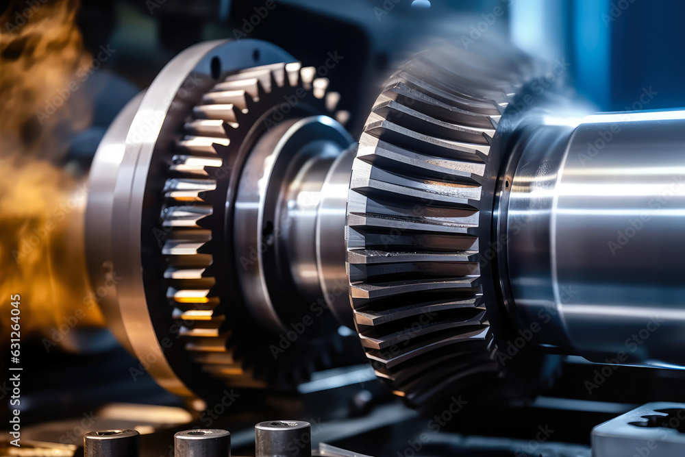 With sparks flying and industrial machinery in the background, a close-up shot of precisely engineered speed reducer gears in motion. With sparks flying and industrial machinery in the background, a close-up shot of precisely engineered speed reducer gears in motion.