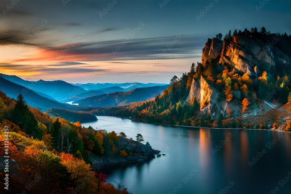 A breathtaking panoramic view of the mountains and lake, with vibrant autumn foliage on one side and rugged cliffs framing the scene