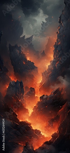 Foto As the sun sets on the horizon, a majestic mountain erupts with hot lava, painti