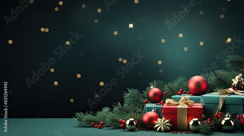 Merry Christmas banner with blank space for text, green background, giftboxes, fir tree branches, red and green ornaments