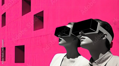 A woman adorned in stylish sunglasses and clothing stands outside, embracing the world of art and exploration through the lens of virtual reality goggles photo