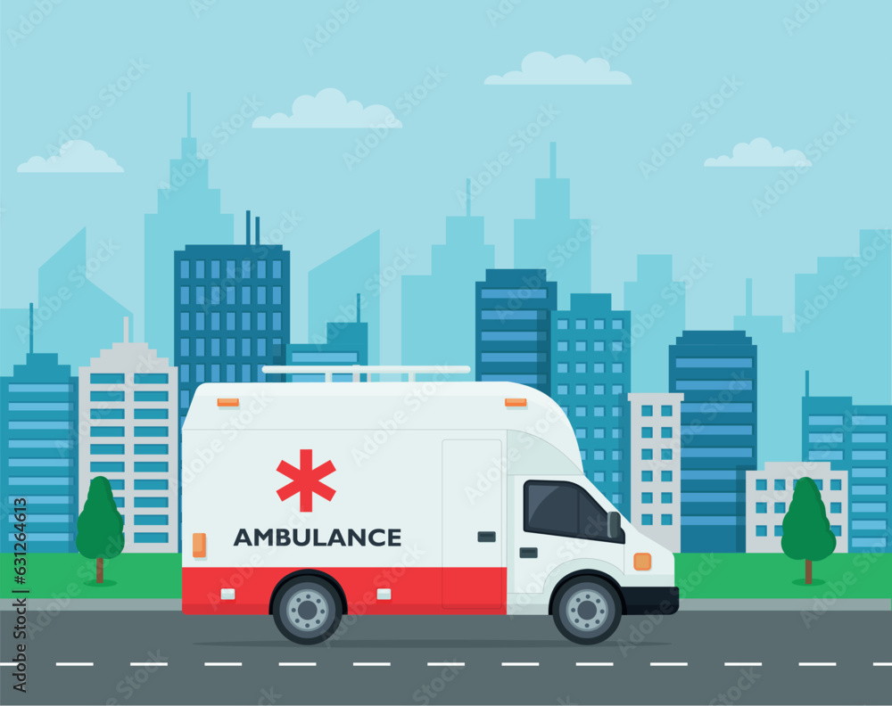 Ambulance driving on the road to the hospital. Background of city and trees landscape. Medical concept flat design. Vector illustration.