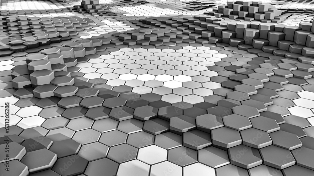 Obraz premium Black and white abstract hexagon pattern with textured backgrounds. Full frame, no people.
