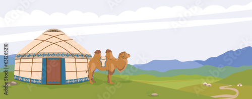 Mongolian landscape. A yurt against the background of mountains, a domestic camel next to the traditional dwelling of nomads. Green pastures, vector illustration for travel poster. photo