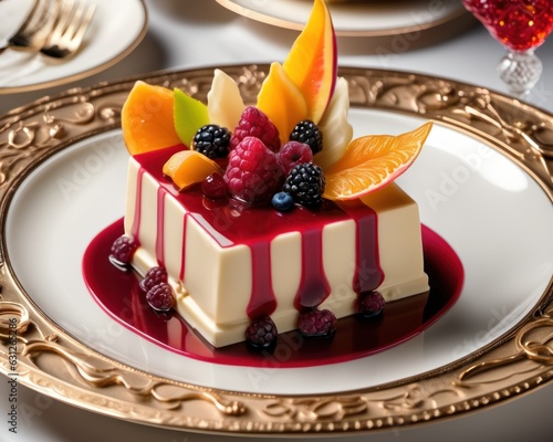 A mesmerizing close-up of a gourmet dessert, the intricate details of the delicately sculpted white chocolate garnish, and the vibrant fruit coulis photo