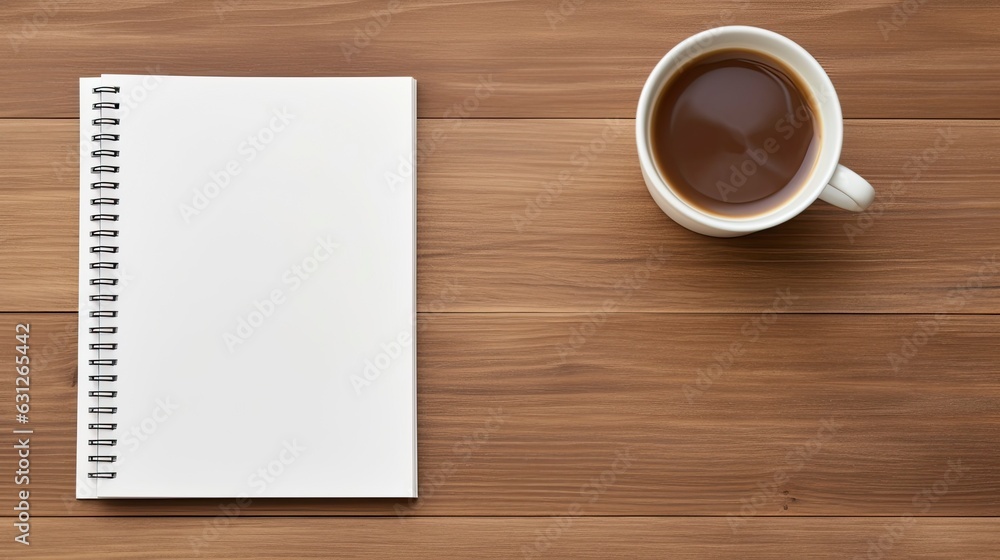 Office supplies with coffee and notebook on wood table copy space, Generative AI Office supplies with coffee and notebook on wood table copy space, Generative AI