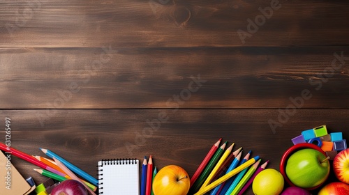 School Supplies on wood table top view copy space, Generative AI