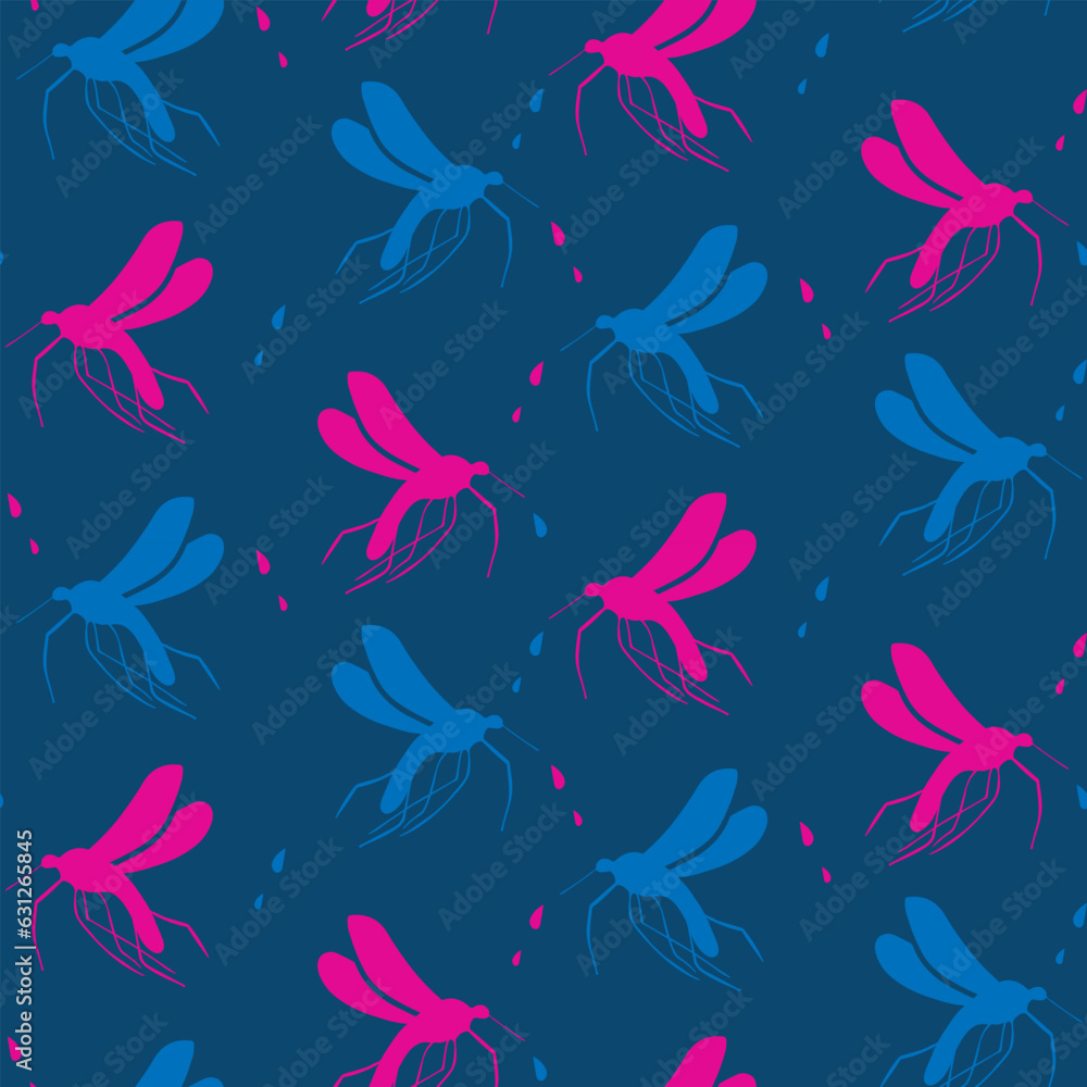 Vector minimalistic bold insects seamless pattern. Flat pink and blue mosquitos with drops on blue background. Trendy y2k pop design. Perfect for home decoration, kids textile, wrapping paper Vector minimalistic bold insects seamless pattern. Flat pink and blue mosquitos with drops on blue background. Trendy y2k pop design. Perfect for home decoration, kids textile, wrapping paper