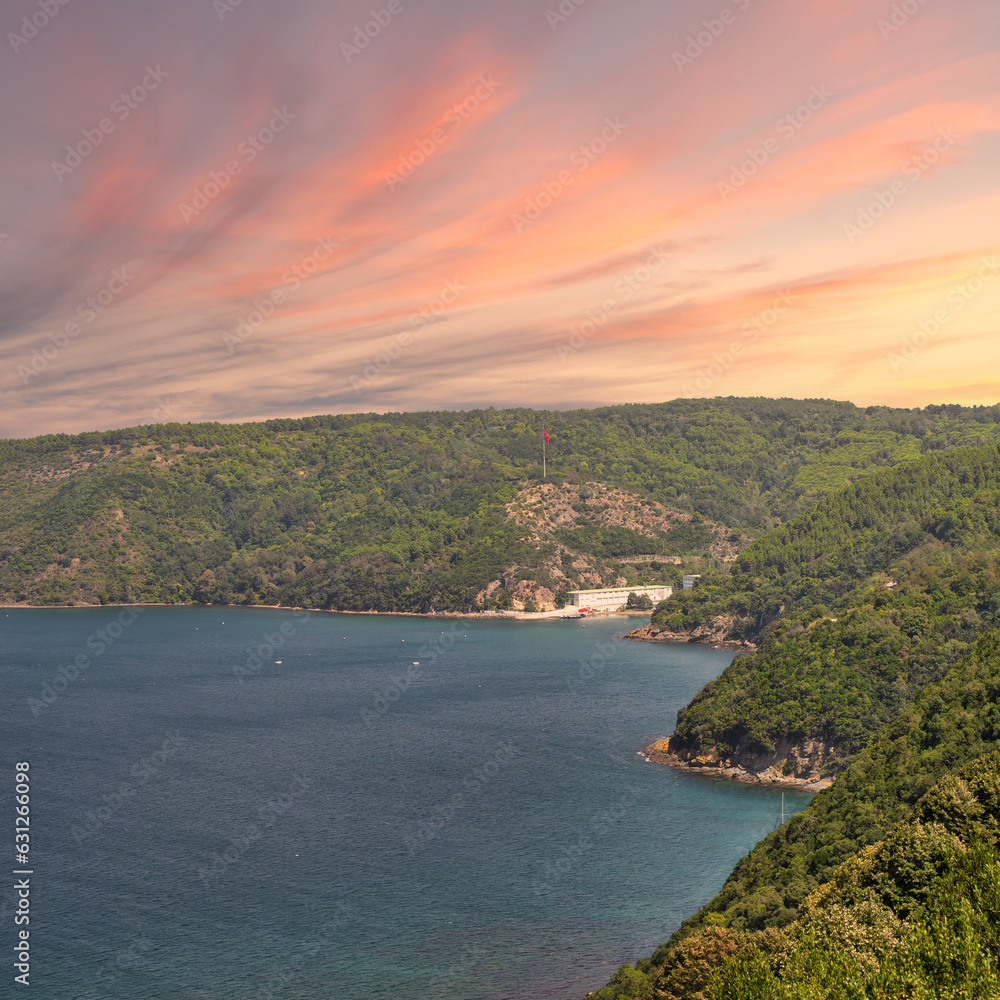 View from the top of mountains of Anadolu Kavagi, Bosphorus Strait, Istanbul, Turkey, with green woods, calm sea, and clear sky at sunrise time