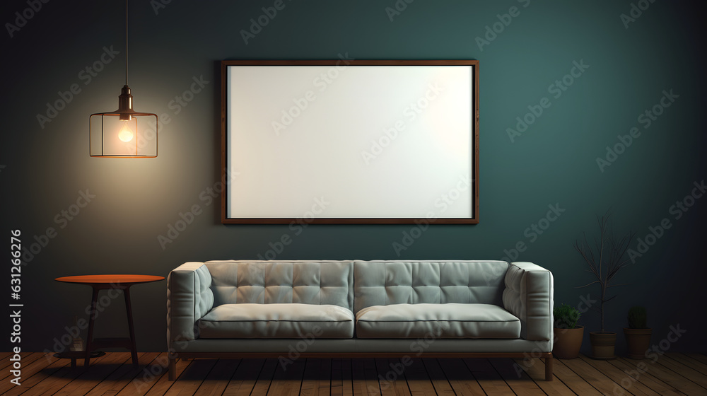 Large blank picture frame in a room with a couch Large blank picture frame in a room with a couch