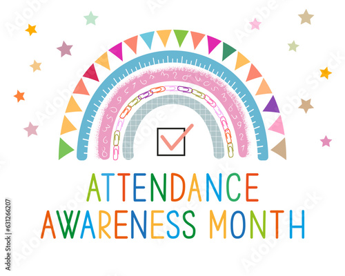 Attendance awareness month education vector concept. Colorful text and rainbow on white background.