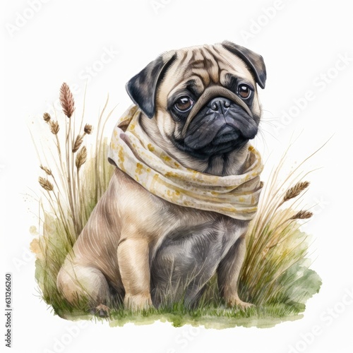 Fototapeta Naklejka Na Ścianę i Meble -  Watercolor cute pug dog in flowers Generative AI