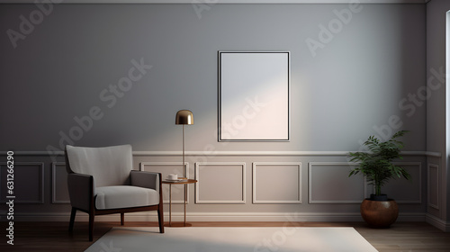Large blank picture frame in a room with a couch