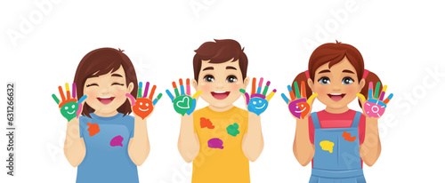 Joyful smiling kids boys and girls showing painted hands isolated vector illustration. Multiethnic little children drawing