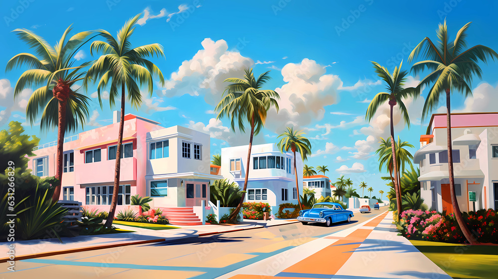 Illustration of a sunny day in an American resort town - obrazy, fototapety, plakaty 