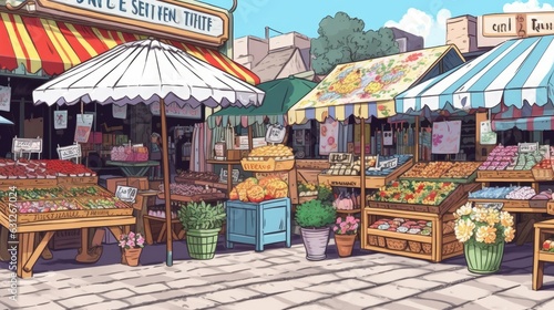 An empty market stalls with colorful shops, representing local commerce. AI generated