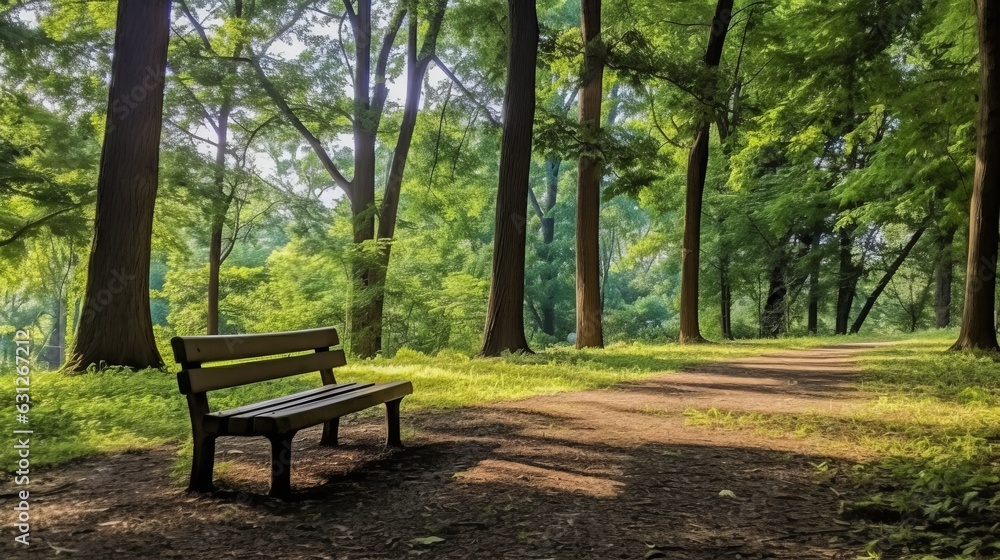 A park bench with a view of trees and greenery, showcasing a peaceful. AI generated