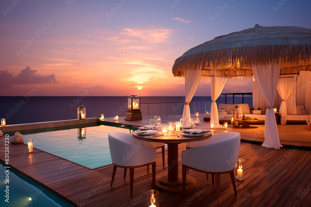 A luxurious table is elegantly set for a romantic dinner against the backdrop of a breathtaking sunset sky and serene sea.	
