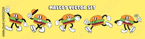 Vintage cartoon cheeseburger mascot, set in different poses, fast food retro logo, vector. cartoon mascot