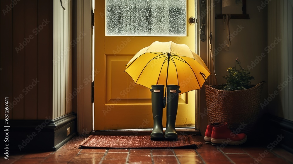 An umbrella and rain boots by the door. AI generated - obrazy, fototapety, plakaty 