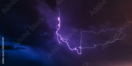 Big thunderstorm, lightning bolts striking down