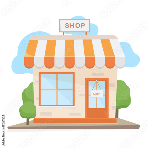 Vector outline style store building icon. Grocery store. Illustration of a grocery store on a white background, with trees.