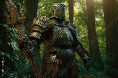 Fantasy knight with old armor in the ancient forest. Generative AI