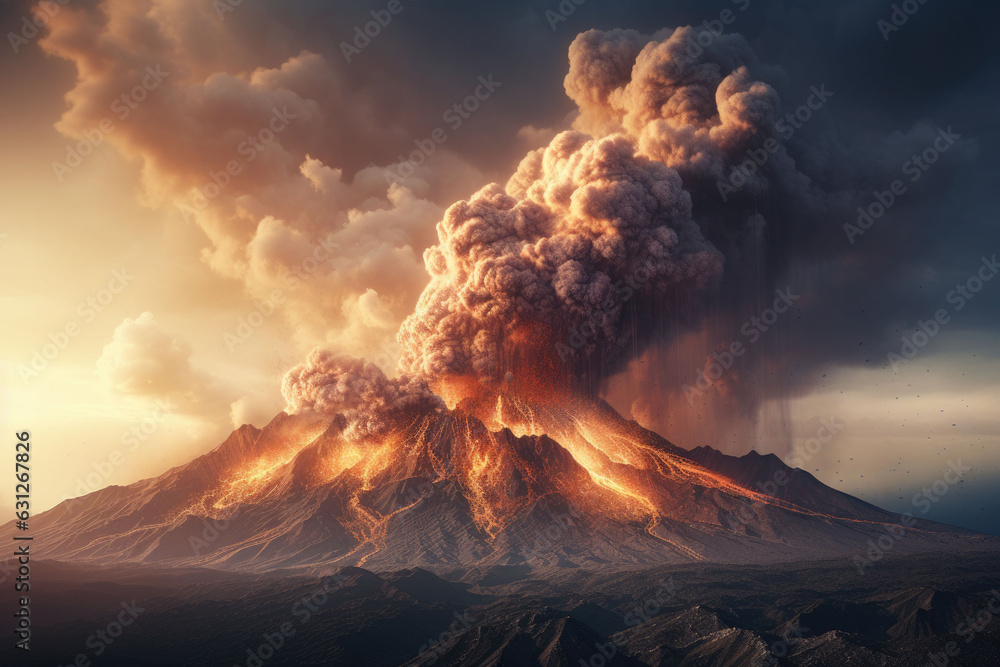 Massive volcano eruption. A large volcano erupting lava and gases into the atmosphere. Generative AI