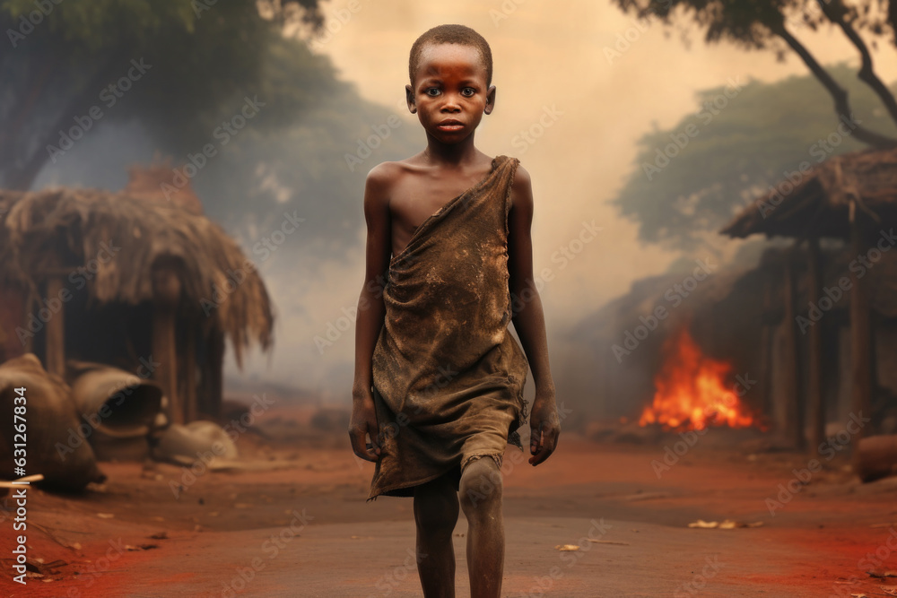 Poor Rural Boy Portrait of African boy in traditional village. Black boy looks in ...