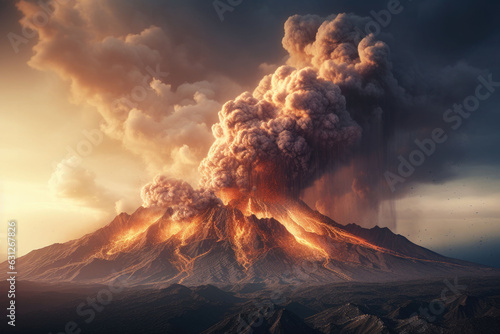 Massive volcano eruption. A large volcano erupting lava and gases into the atmosphere. Generative AI