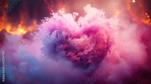 Pink fluffy love heart made from smoke and a lighter soft pink smoky background.